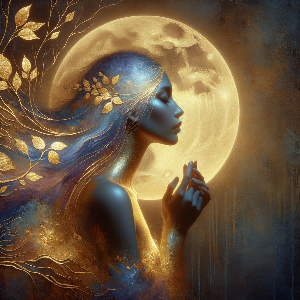 Profile of a woman with blue hair and golden leaves