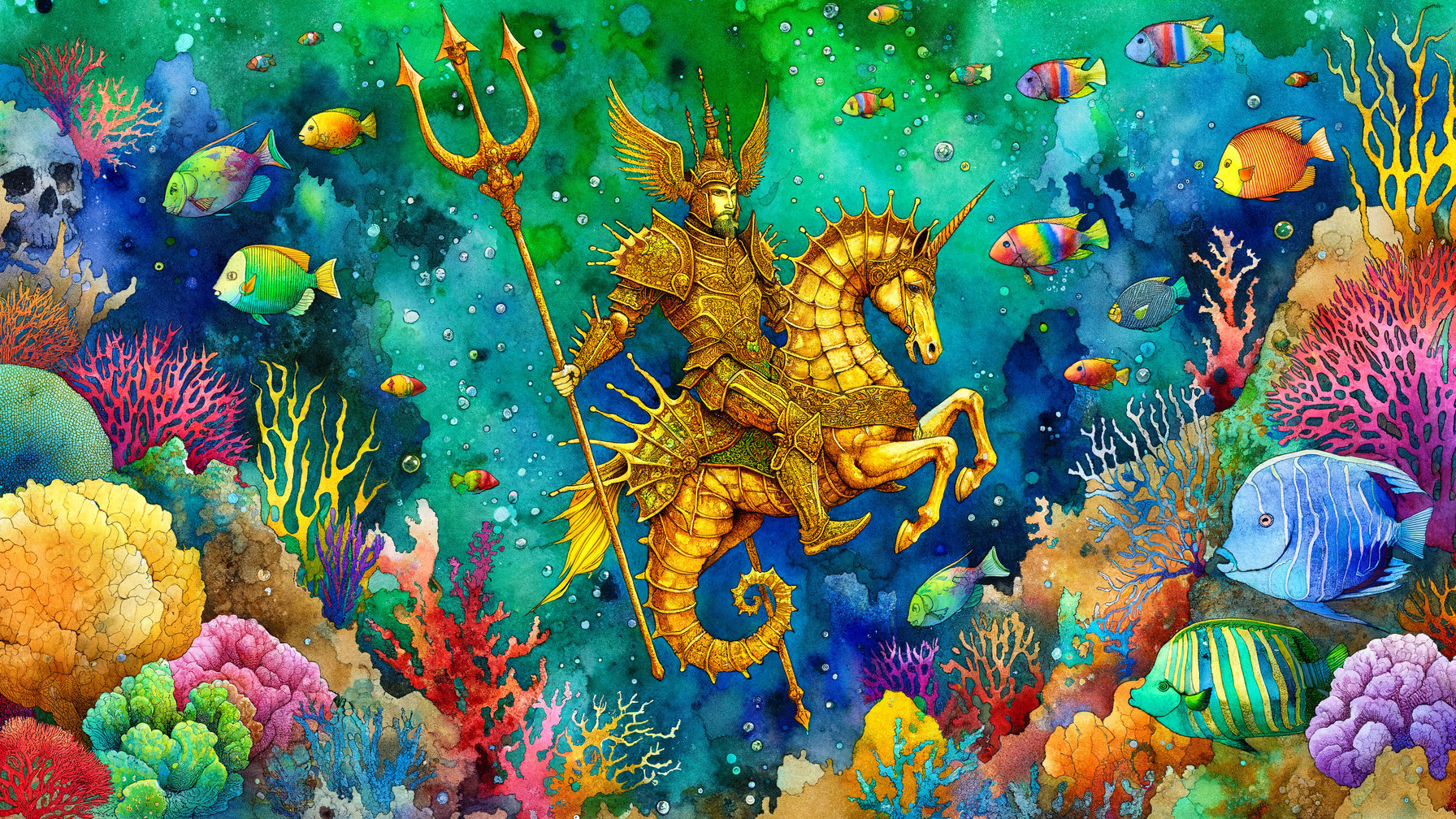 Regal figure on golden seahorse in vibrant underwater scene