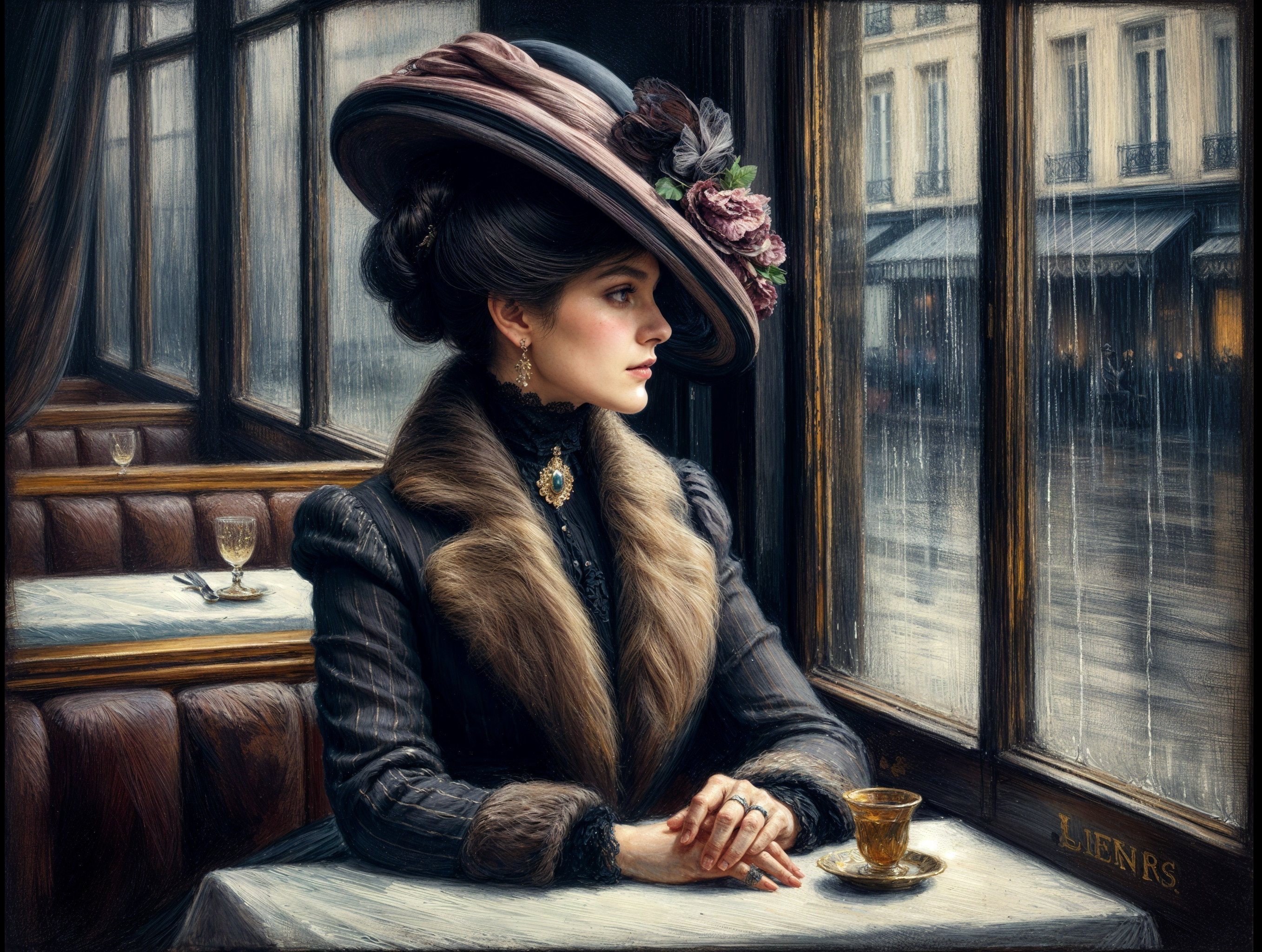 Elegant Woman by Rainy Café Window with Hat and Fur