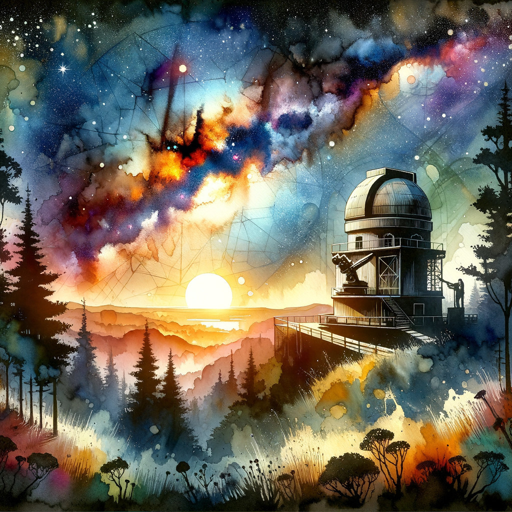Whimsical Observatory Scene at Twilight with Stars