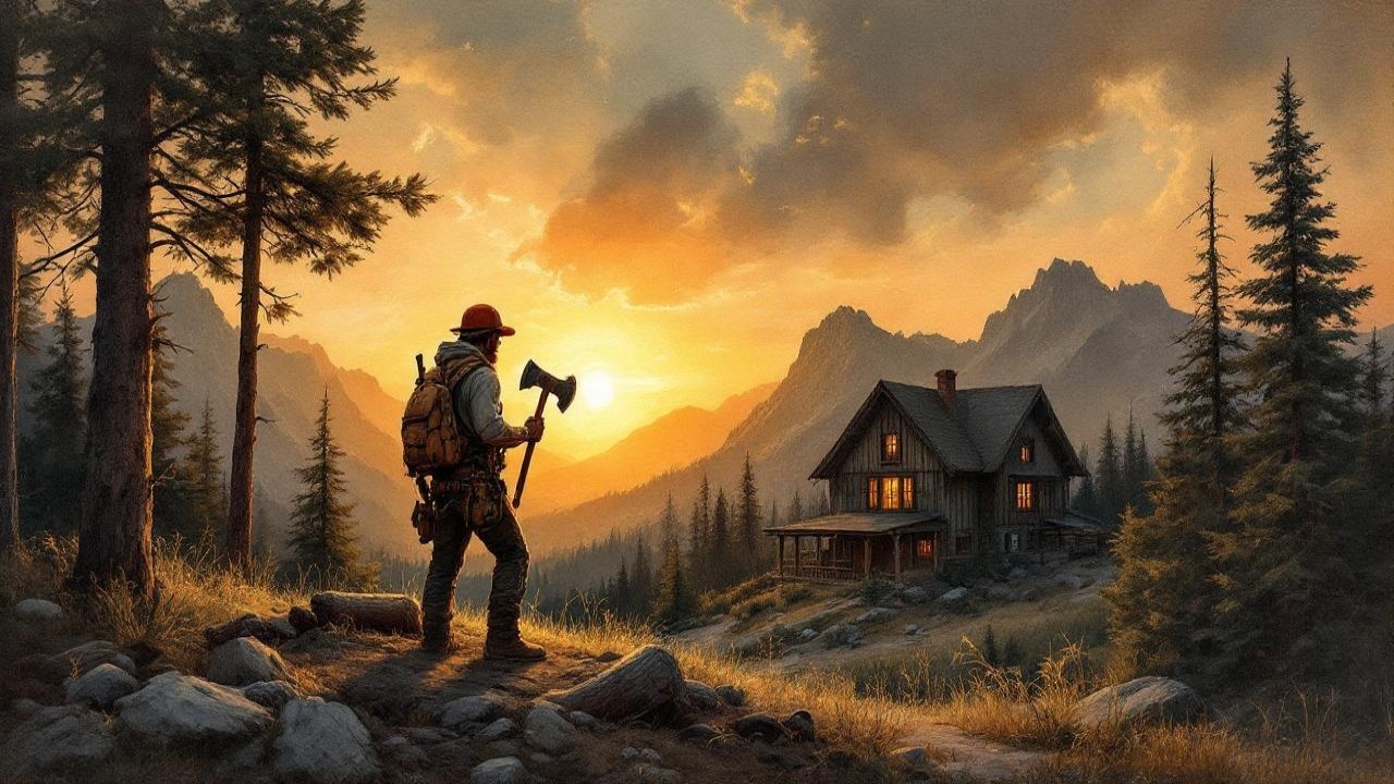 Solitary Figure with Axe in Forest Clearing at Sunset