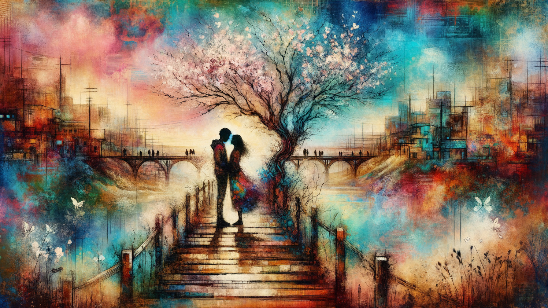 Couple Embracing on Colorful Bridge at Sunset
