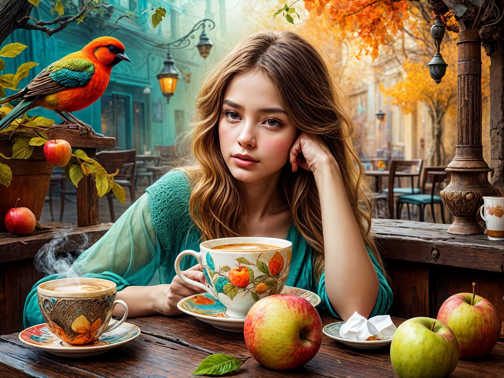 Café Scene with Autumn Decor and Colorful Parrot