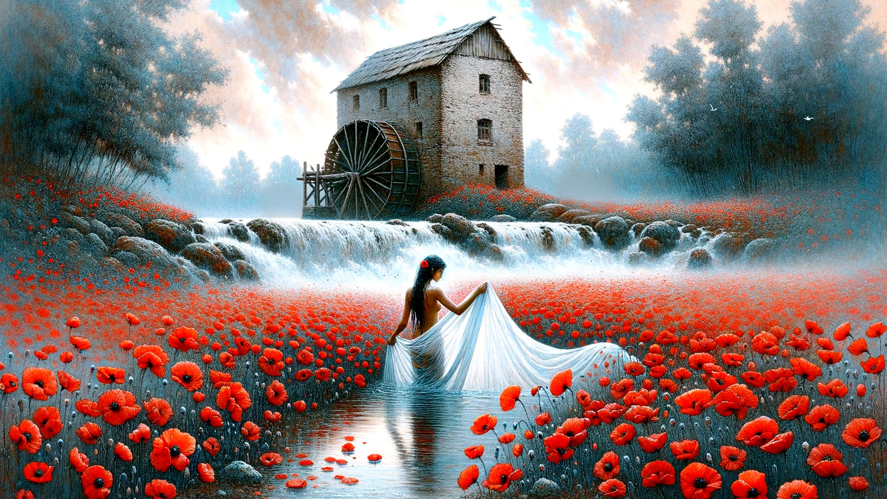 Woman in White Gown by Stream with Watermill and Poppies