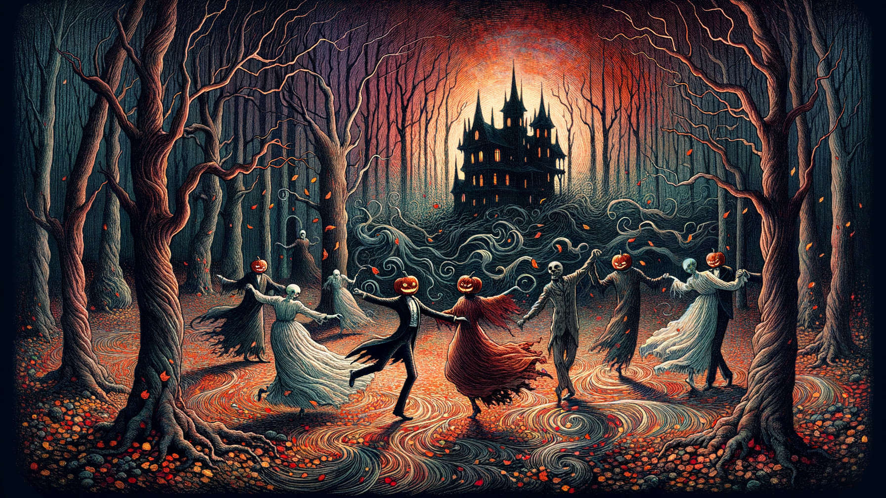 Ghostly Figures with Pumpkin Masks in Mystical Forest