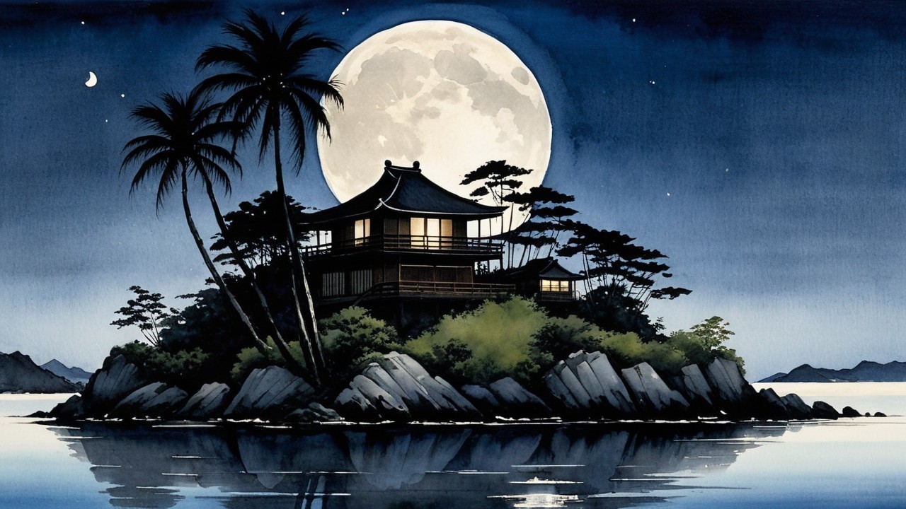 Tranquil Night Scene with Asian Building and Moonlight