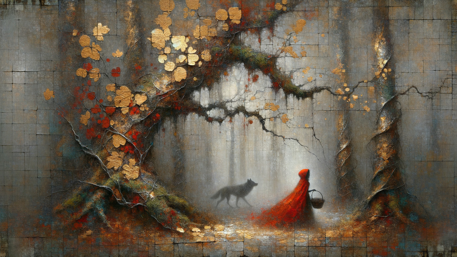 Mystical forest scene with red cloak and wolf companion