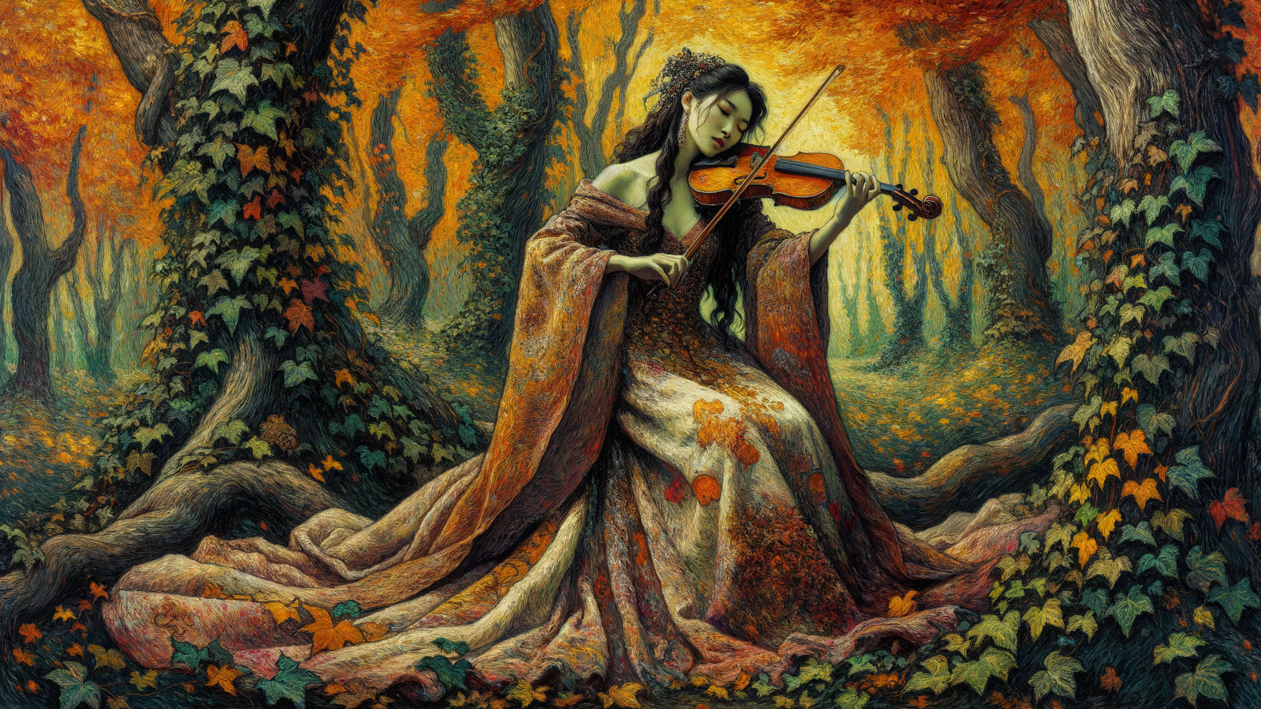 Woman in gown plays violin in autumn forest setting
