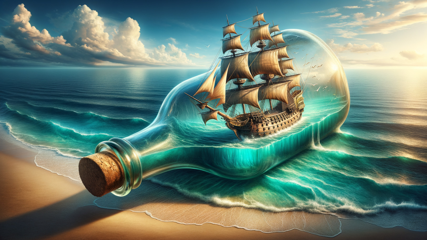 Ship in a Bottle on a Sandy Beach with Waves