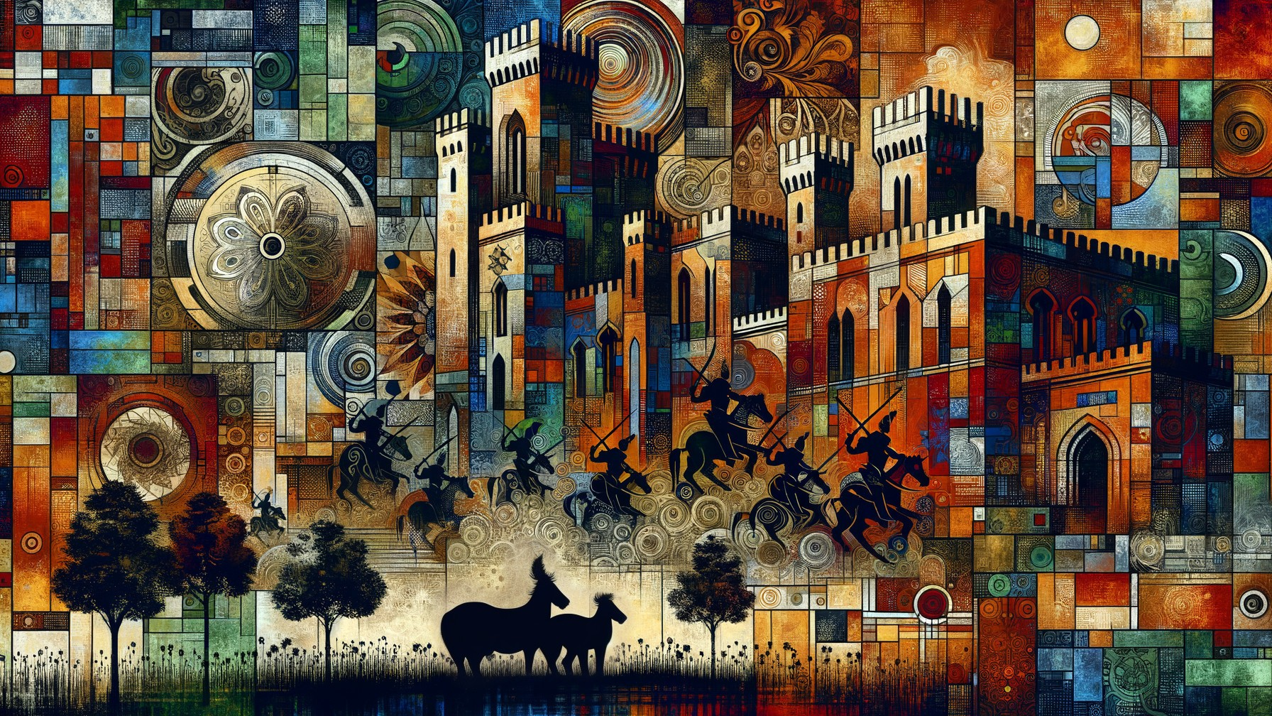 Vibrant Abstract Composition with Horse Riders and Castle