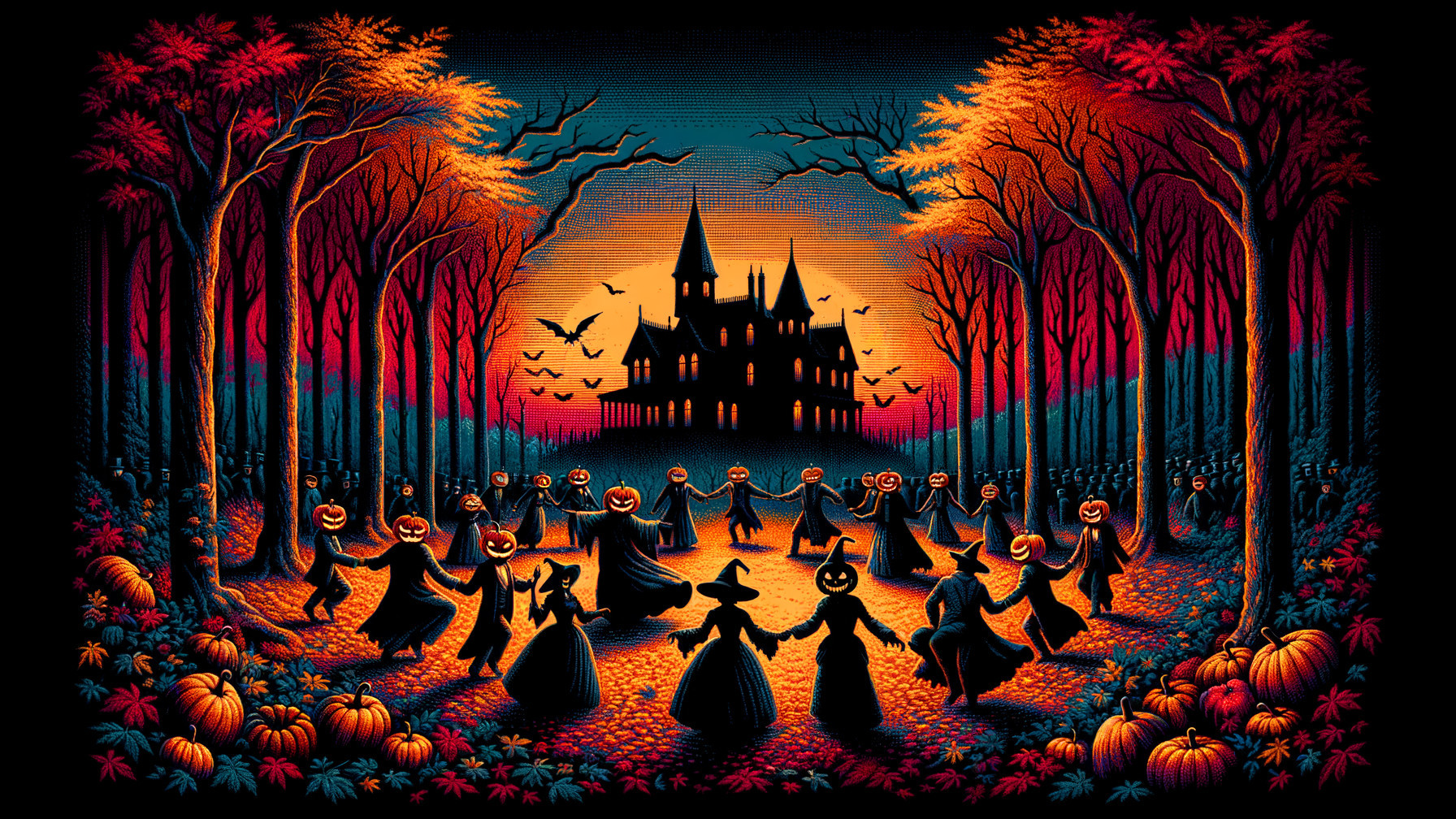 Eerie Halloween Scene with Dancing Figures and Pumpkins