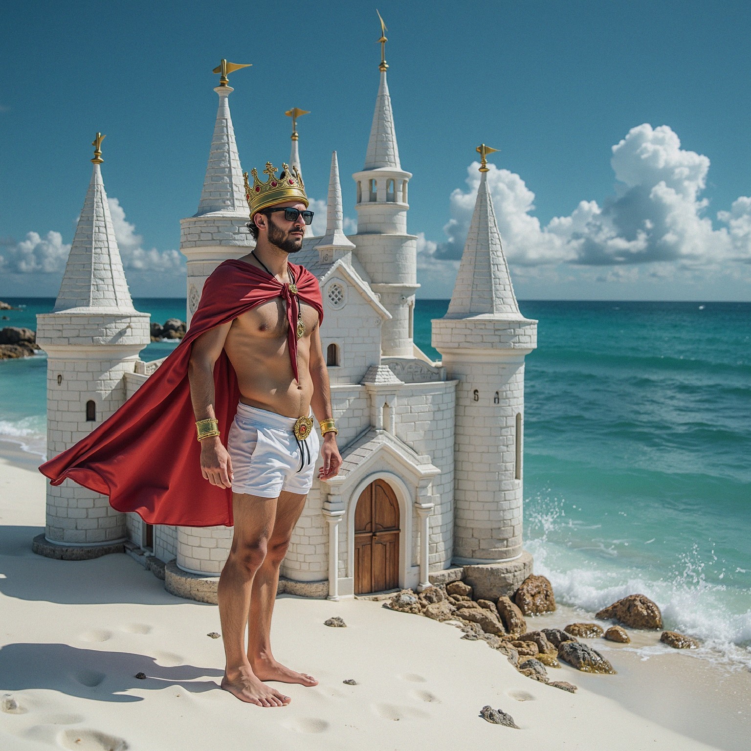Man in Crown and Cape by Sandcastle on Beach