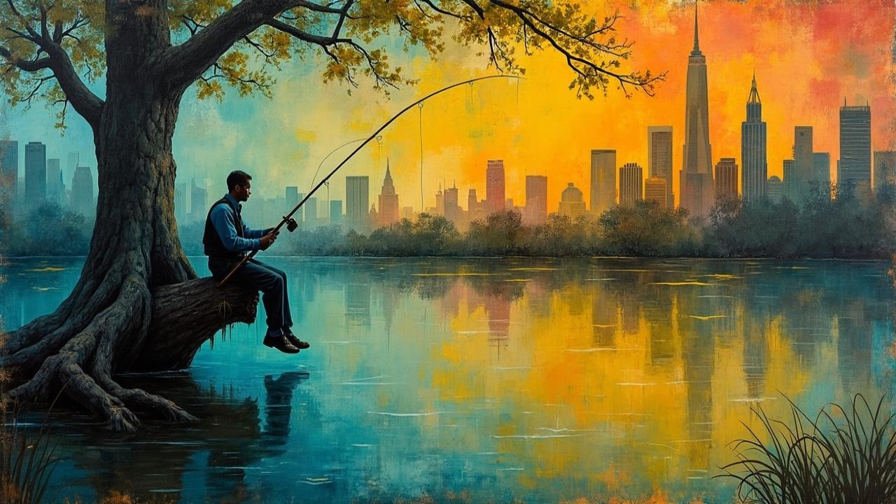 Serene Sunset Scene with Fishing and City Skyline