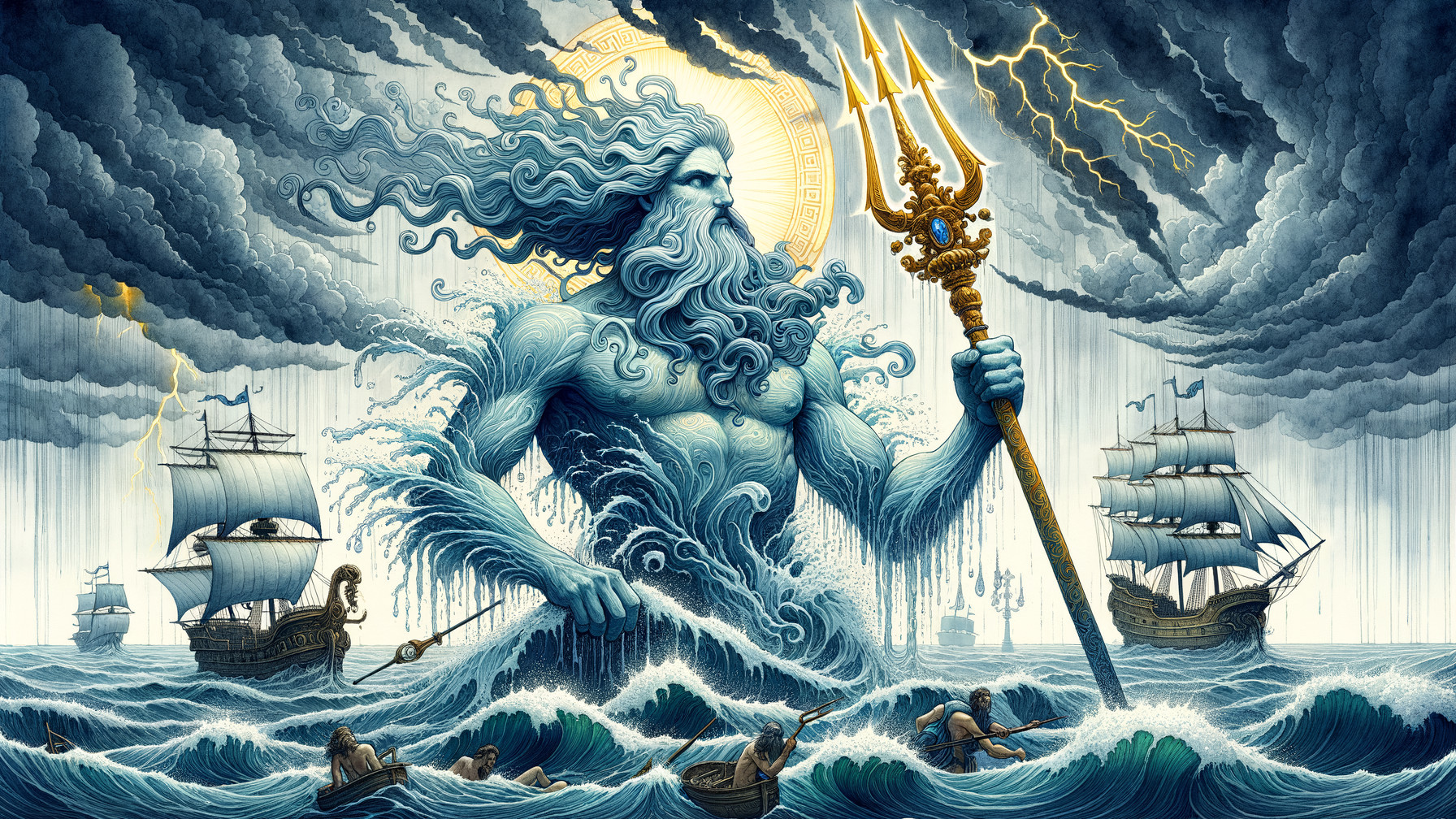 Mighty Sea God Dominating Stormy Ocean Scene