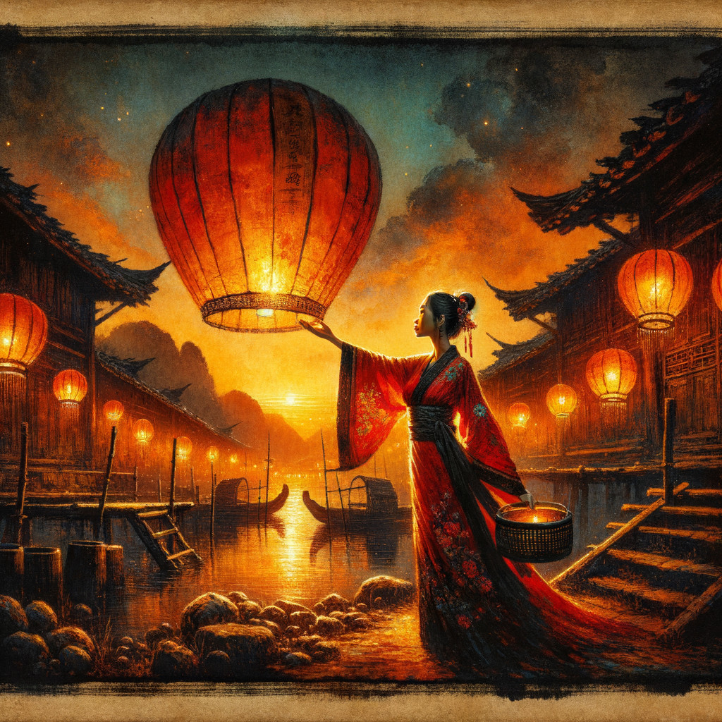 Twilight Scene of Woman Releasing Lantern in Canal