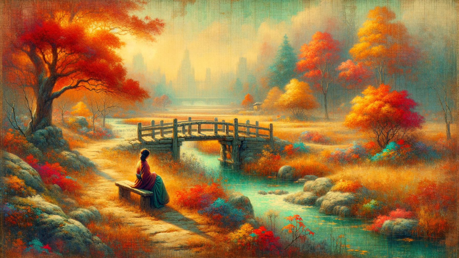 Autumn Landscape with Stream and Wooden Bridge