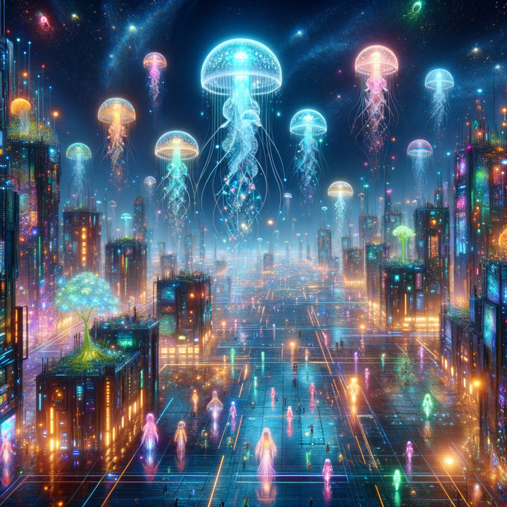 Futuristic cityscape with glowing jellyfish and lights