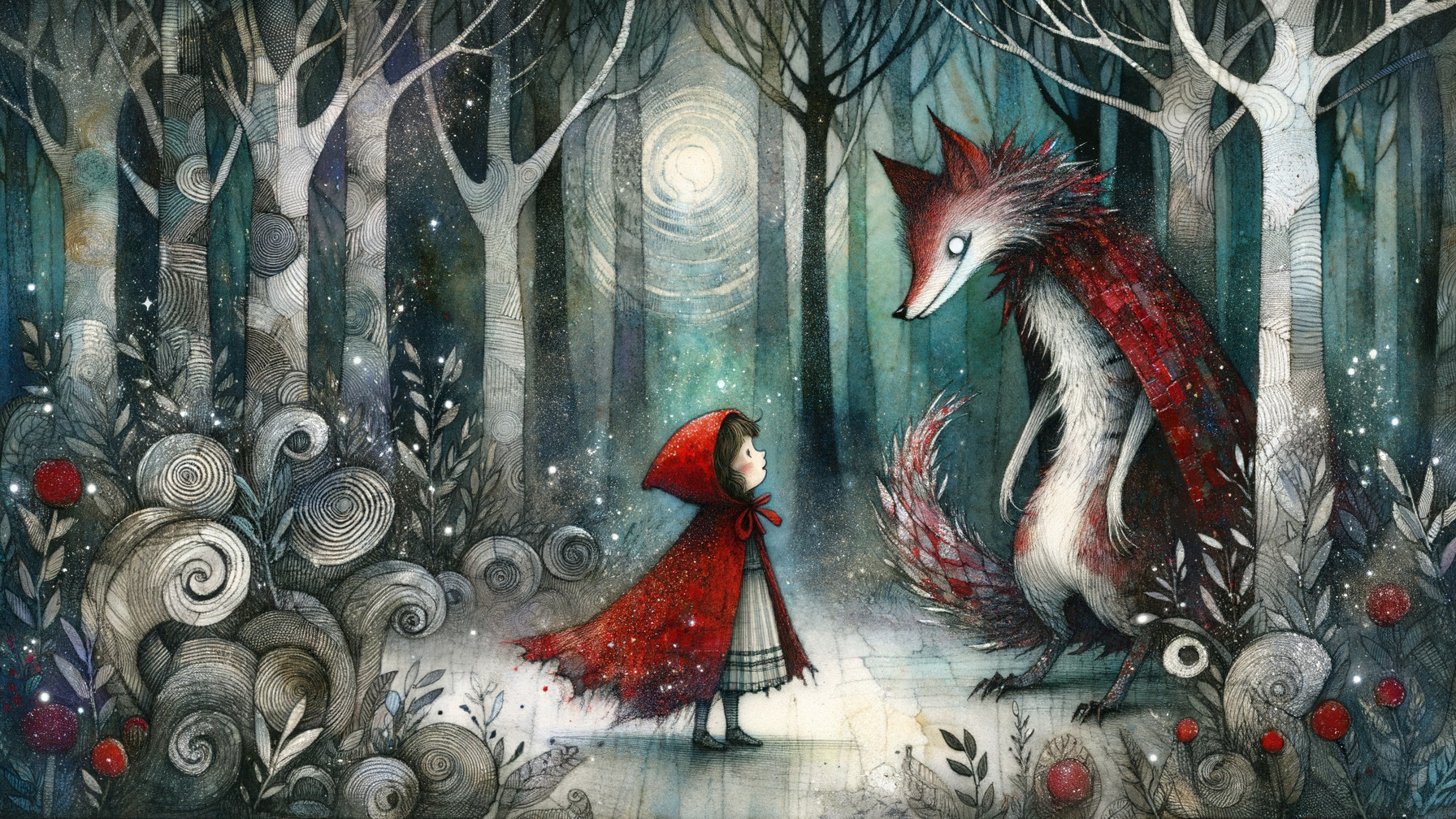 Mystical forest scene with girl and whimsical fox