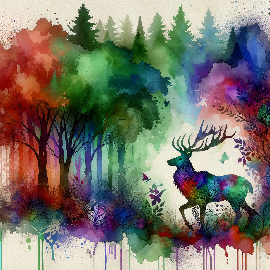 Watercolor Illustration of a Stag in a Colorful Forest