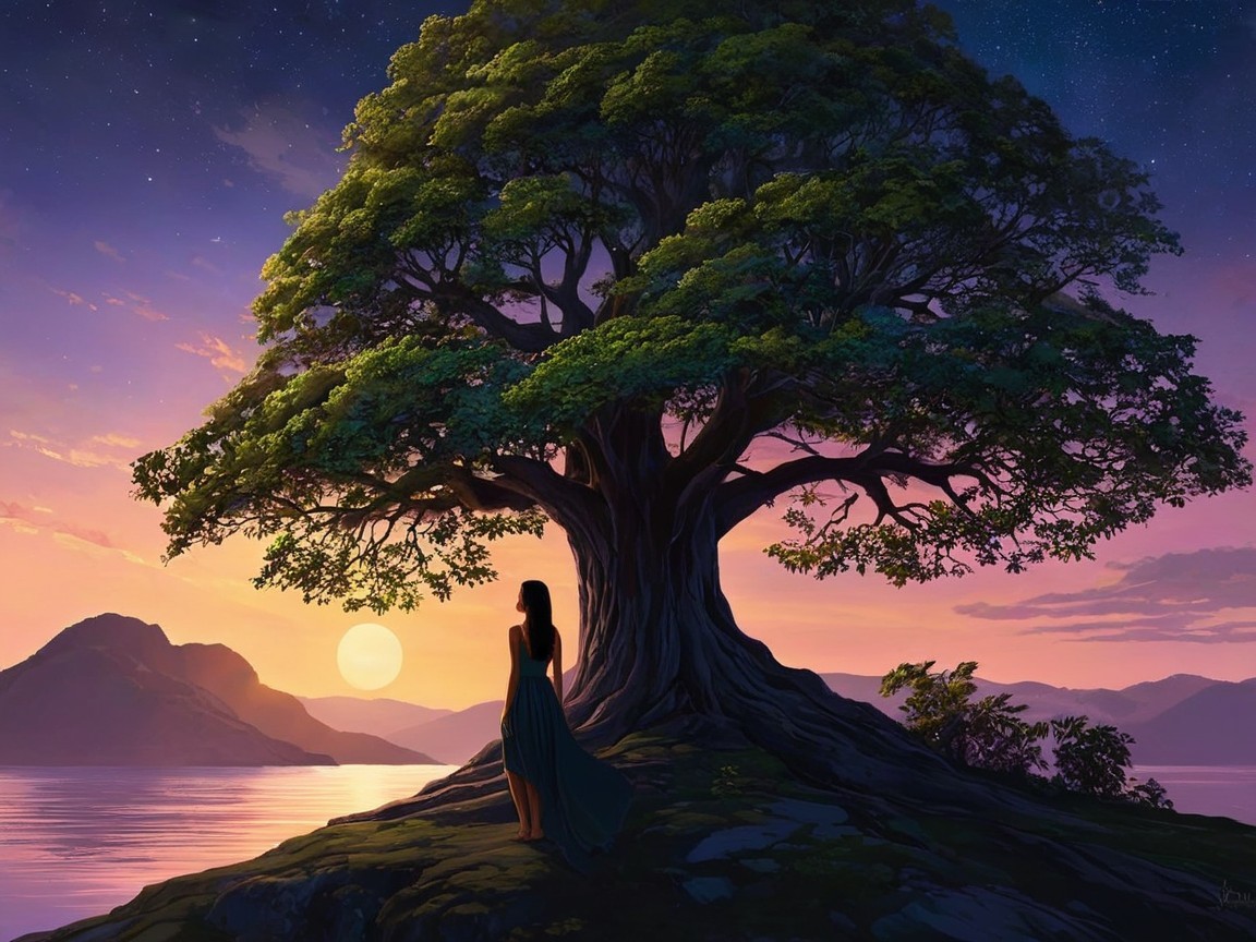 Twilight Landscape with Tree and Woman by Lake