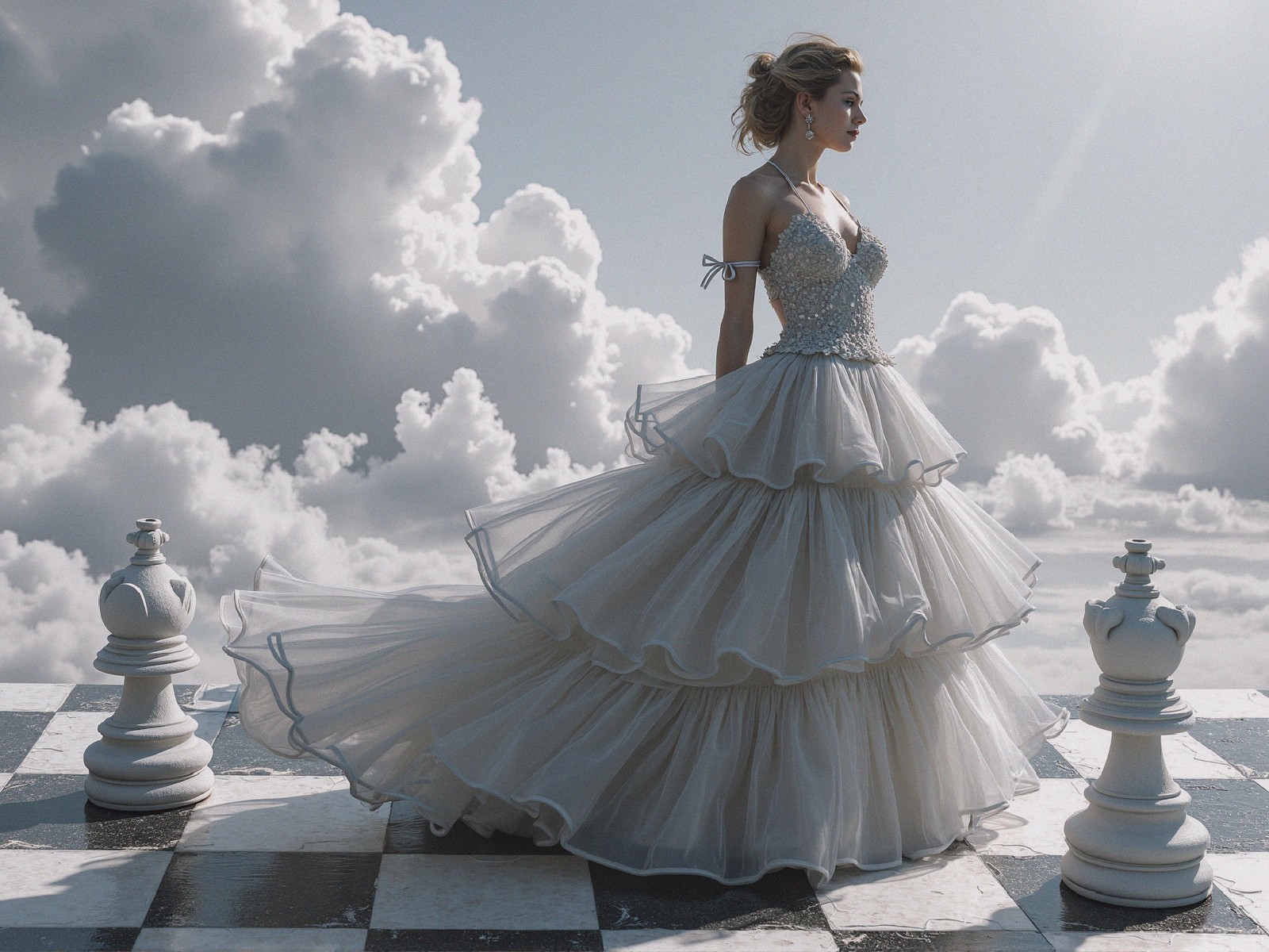Elegant Wedding Dress on Chessboard with Chess Pieces