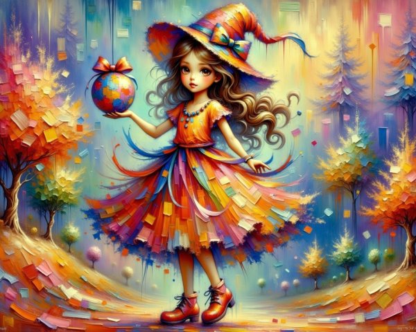 Whimsical girl in colorful dress with globe and hat