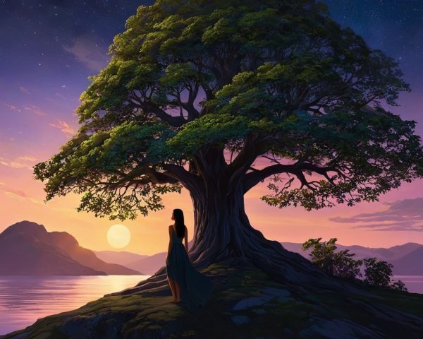 Twilight Landscape with Tree and Woman by Lake