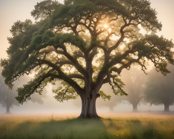 Ancient Oak Tree in Sunlit Field with Misty Background