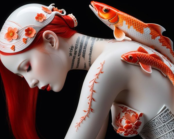 Hyperrealistic Render of Asian Woman Porcelain Doll Bust