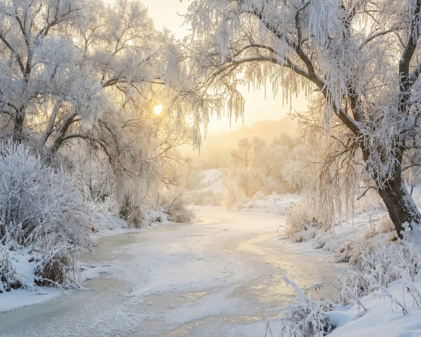 Frozen River in Hoarfrost-Laden Winter Landscape