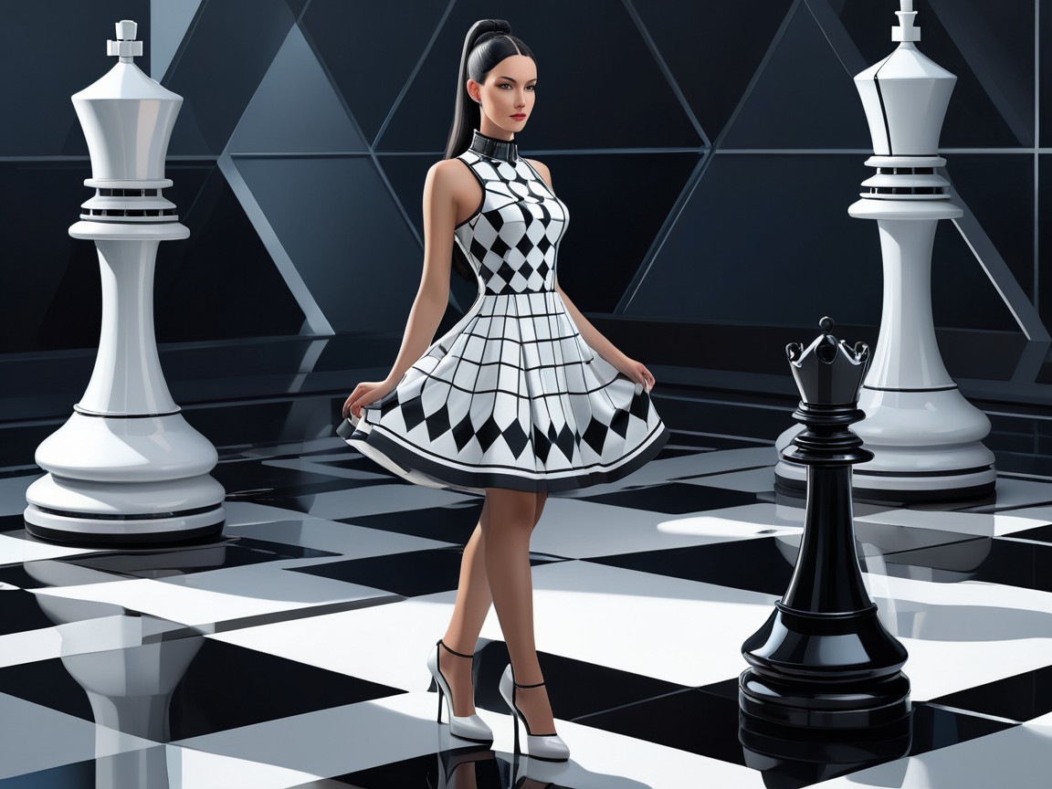 Stylish Woman on Black and White Chessboard Setting