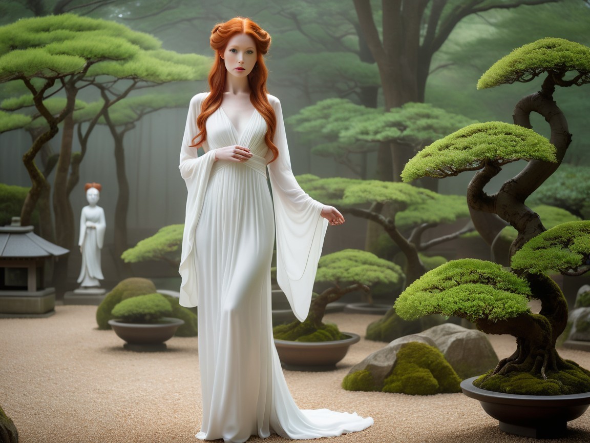 Elegant woman in white gown in serene garden setting
