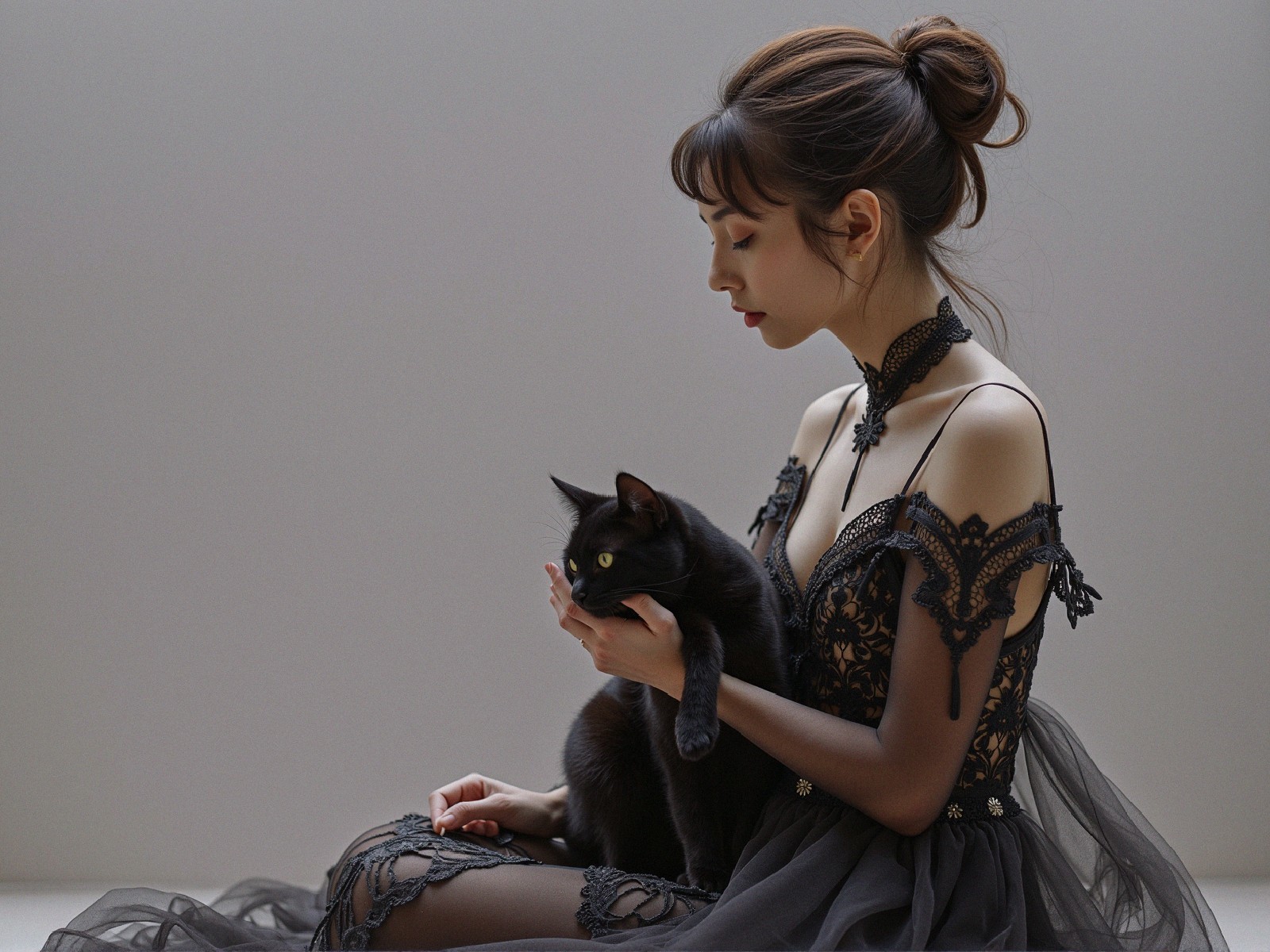 Elegant Woman in Dark Lace Gown with Black Cat
