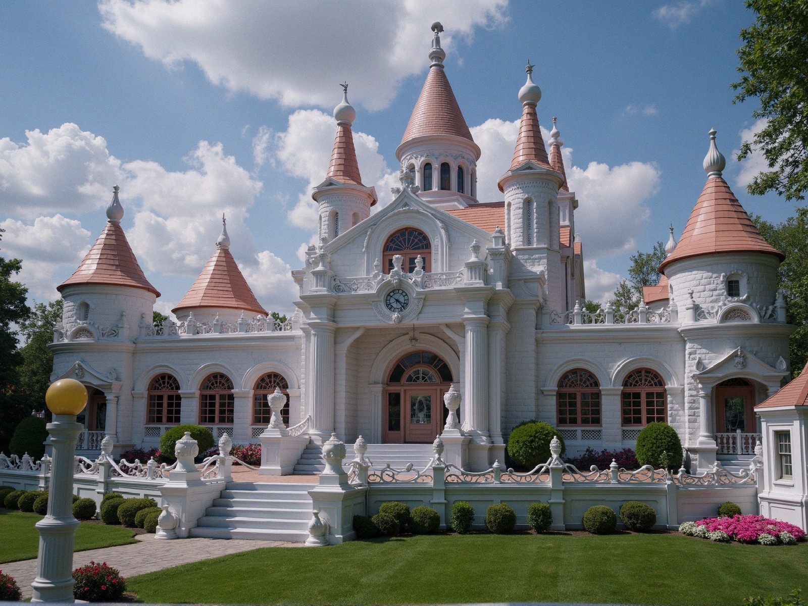 Whimsical Fairy-Tale Mansion with Turrets and Gardens