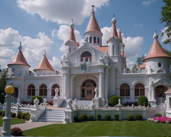 Whimsical Fairy-Tale Mansion with Turrets and Gardens
