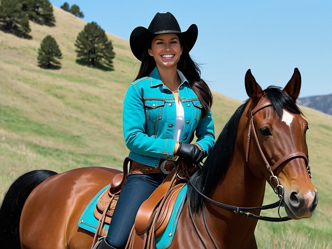 Smiling Woman on Brown Horse in Scenic Landscape