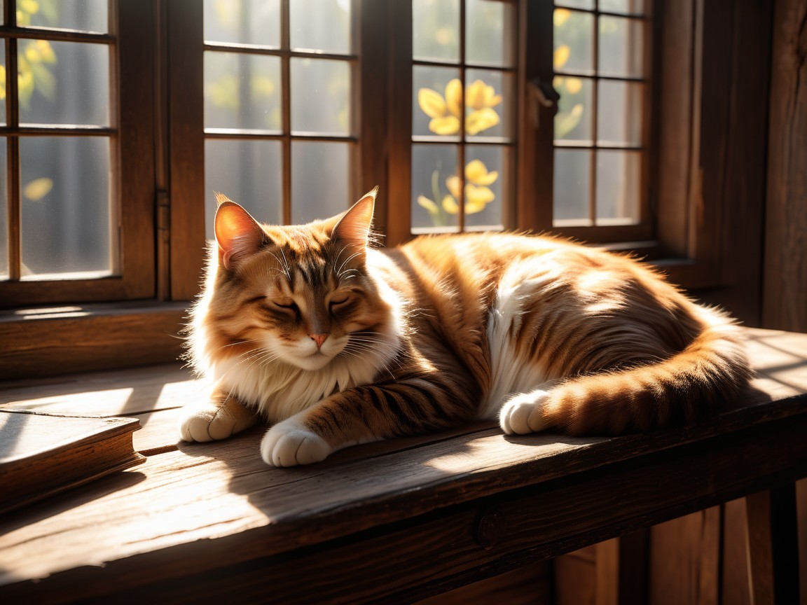 Fluffy Ginger Cat Lounging in Sunlit Indoor Scene