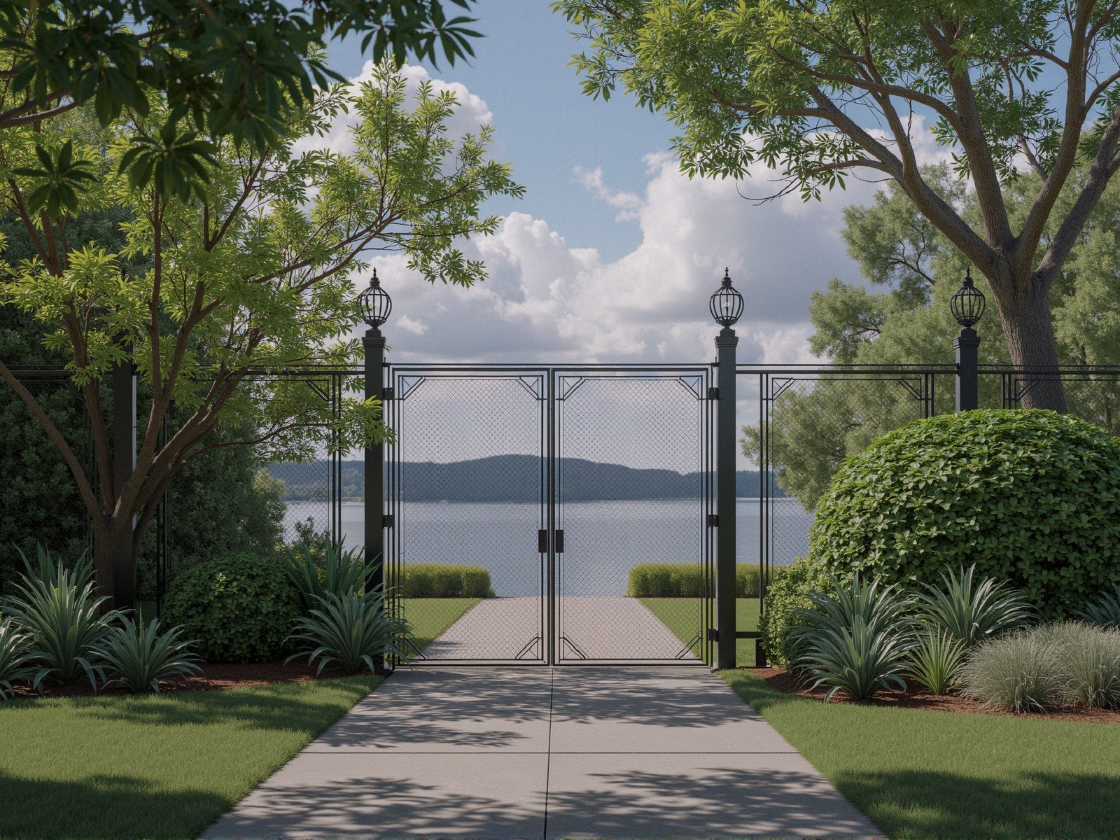 Serene Garden with Metal Gate and Scenic Lake View