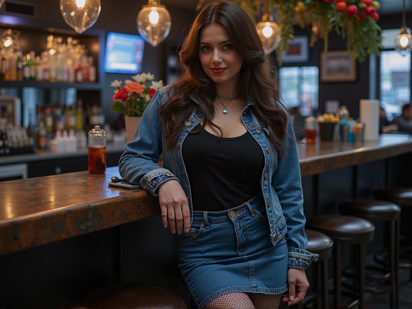 Stylish Young Woman at a Bar in Denim Outfit