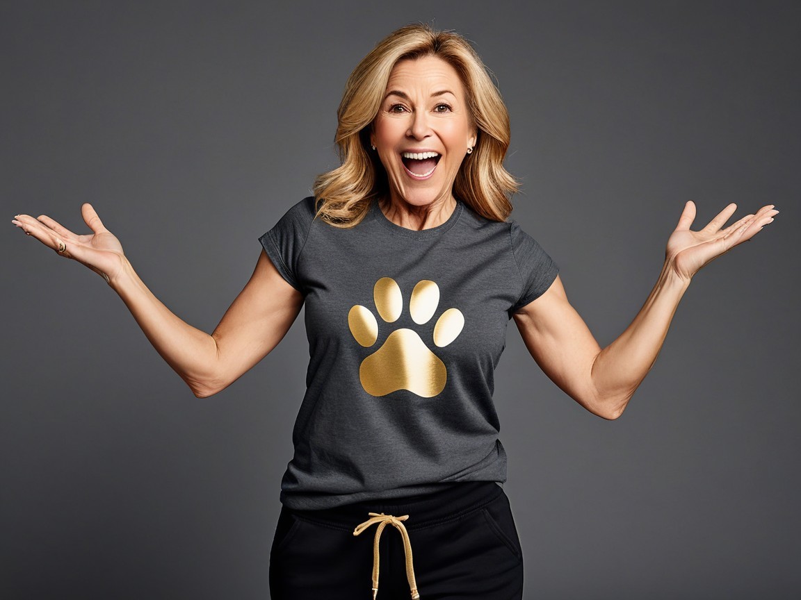 Older woman in gray outfit with golden paw print design