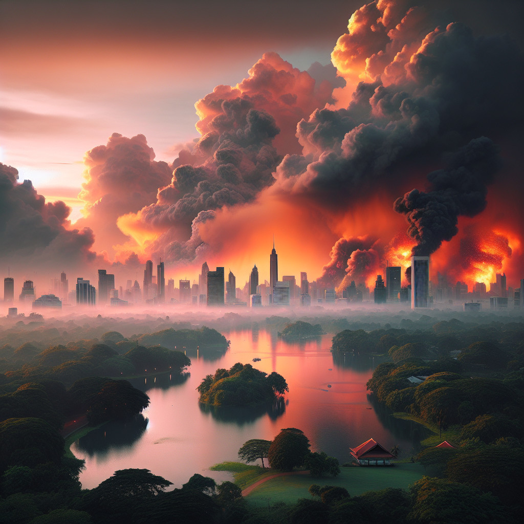 Dramatic Sunset Skyline with Serene Lake and Pavilion