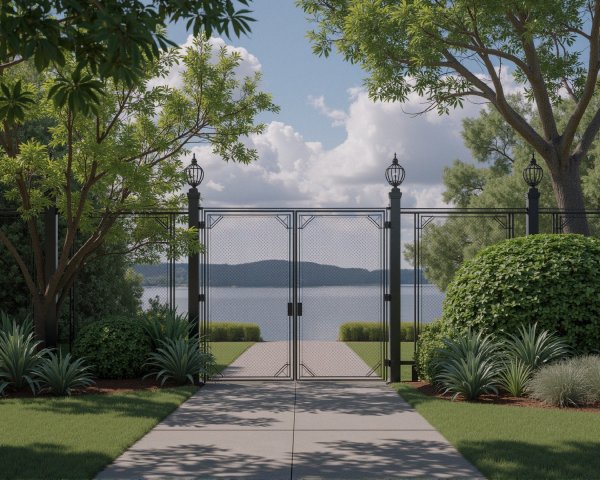 Serene Garden with Metal Gate and Scenic Lake View