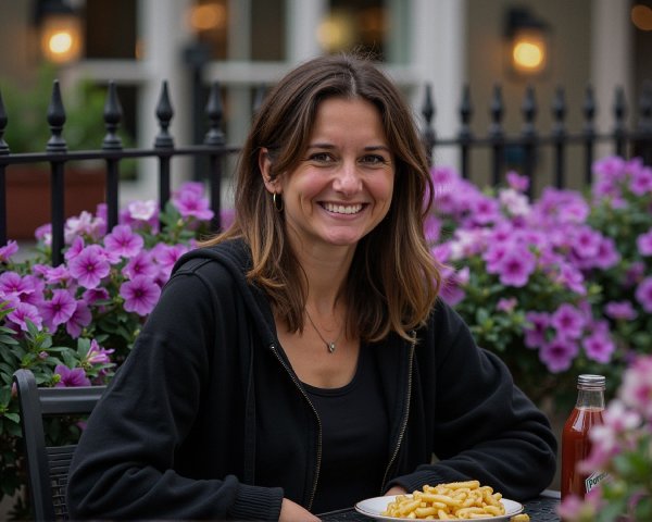 Young woman with pasta at outdoor table with flowers