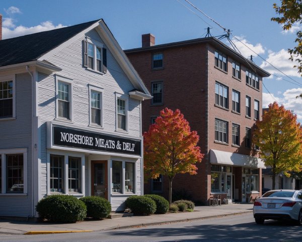 Charming Street Scene with Deli and Autumn Trees