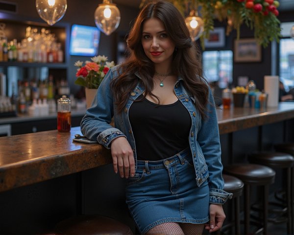 Stylish Young Woman at a Bar in Denim Outfit