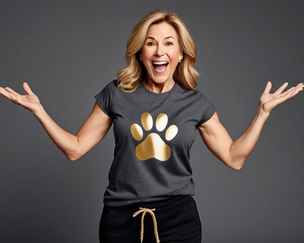 Older woman in gray outfit with golden paw print design