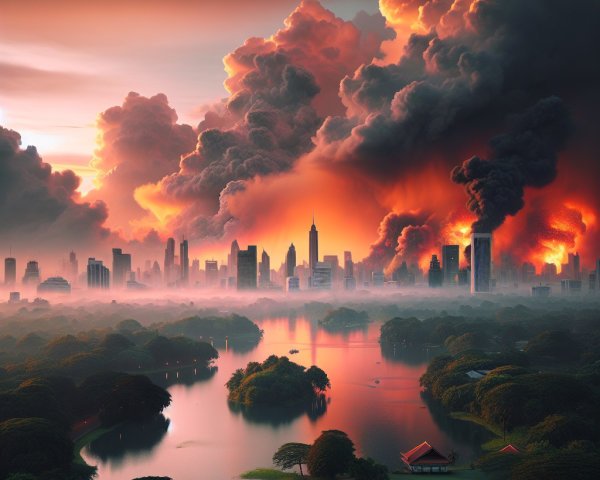 Dramatic Sunset Skyline with Serene Lake and Pavilion