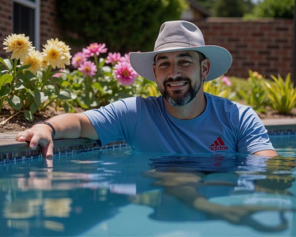 Smiling Man Relaxing in Pool Surrounded by Flowers