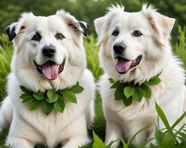Fluffy White Dogs in a Green Field Setting