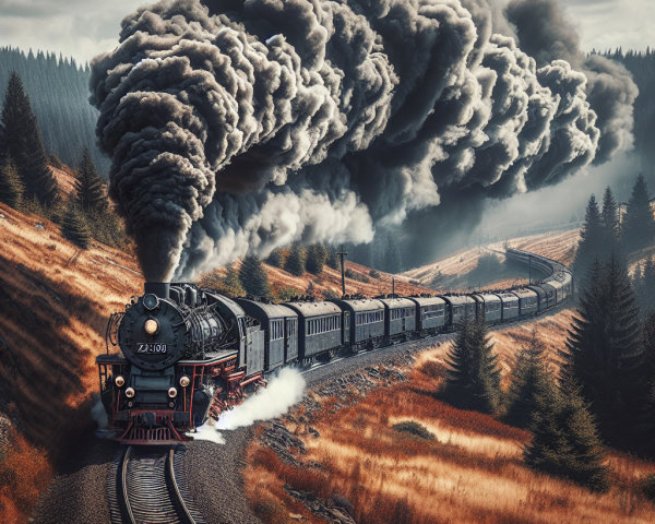 Vintage steam train travels through lush countryside scenery